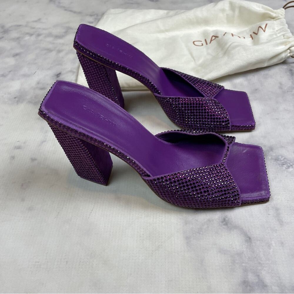GIA/RHW Rosie Purple Crystal Heeled Mule Sandals Square Toe Sz 38/8